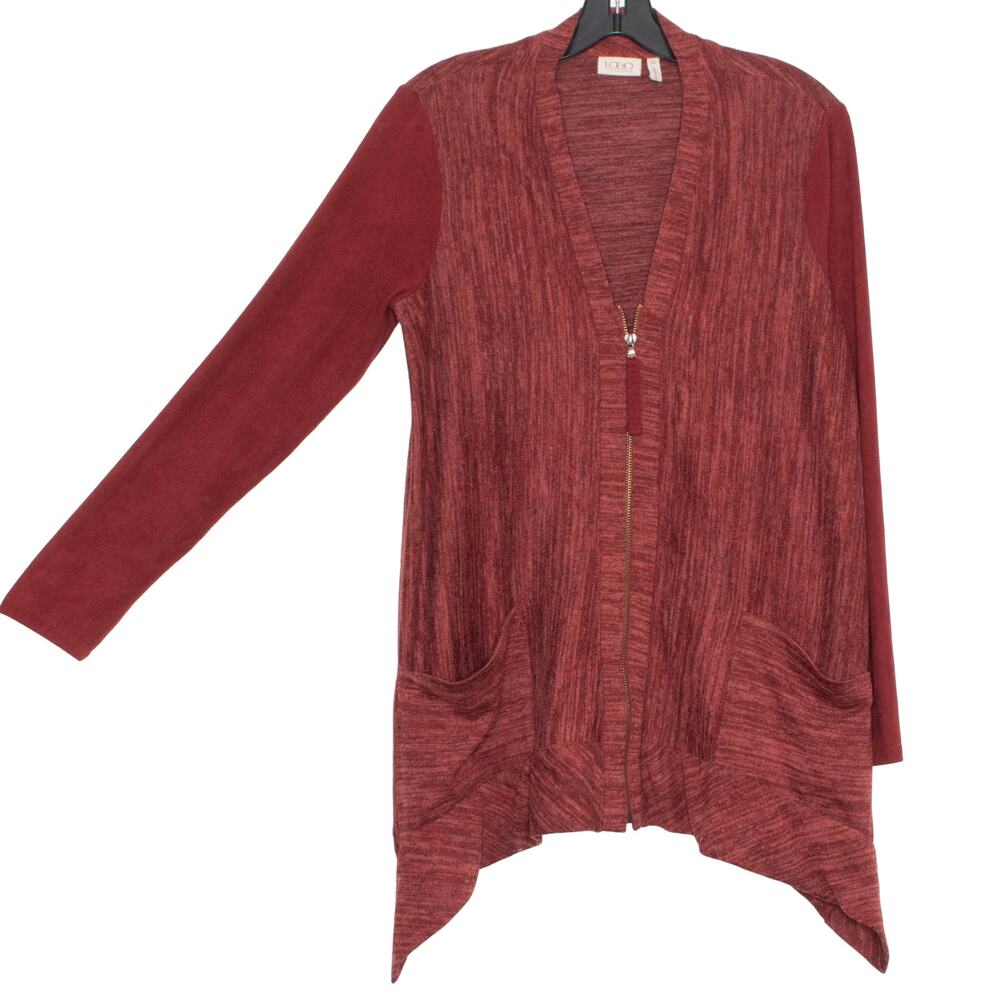 LOGO Lori Goldstein Womens Jacket Mixed Media Faux Suede Sleeves Zip Red XS EC